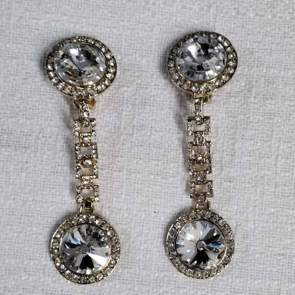 Vintage Imitation Diamond Long Dangle Clip-on Big Statement Earrings gold toned